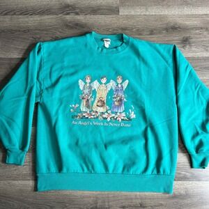 VTG Angel Sweatshirt Mens Large An Angels Work is Never Done Flowers Grandma 90s